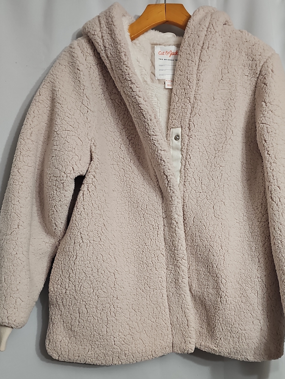 Cat Jack Girls Beige Sherpa Jacket XL 14-16 Teddy Bear Faux Fur Hoodie Coat New